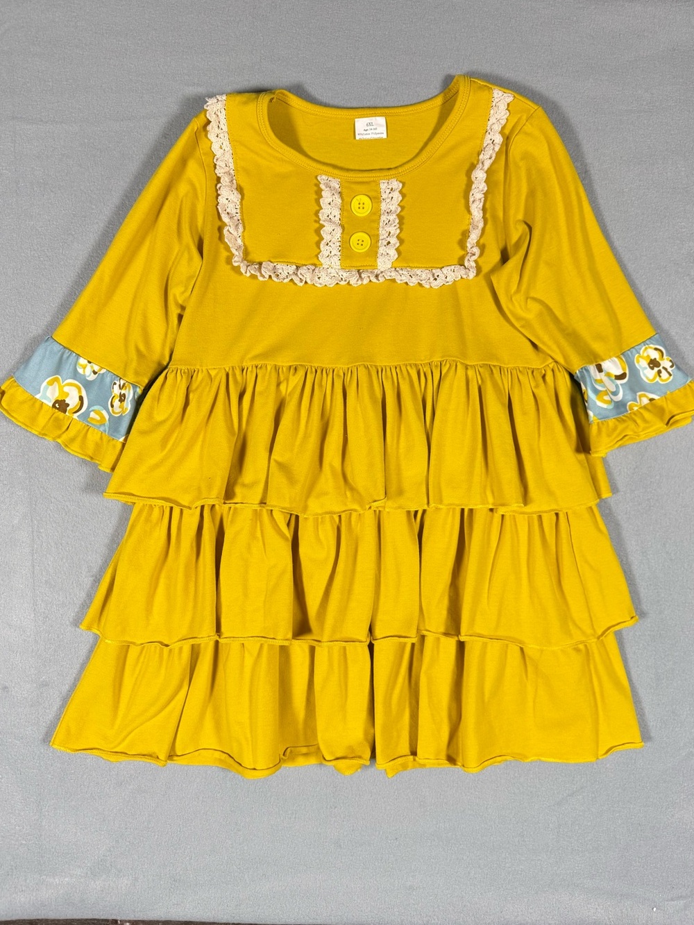 Mustard Yellow Tiered Ruffle Dress Girls Size 14 16 Boho Lace‎ Trim Twirl Dress